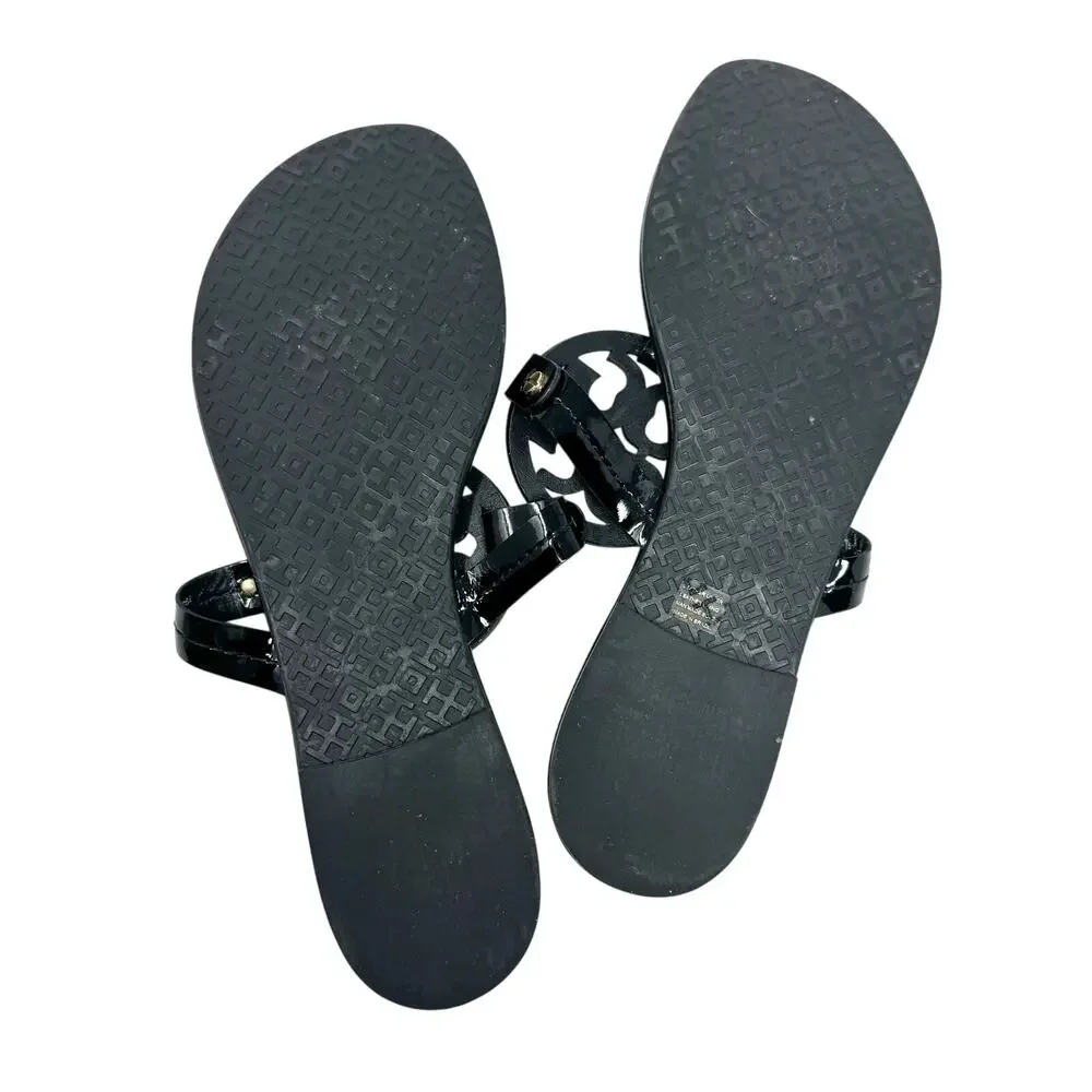 Tory Burch Miller Sandal Black Patent Leather Logo Medallion Thong Flat Size 8